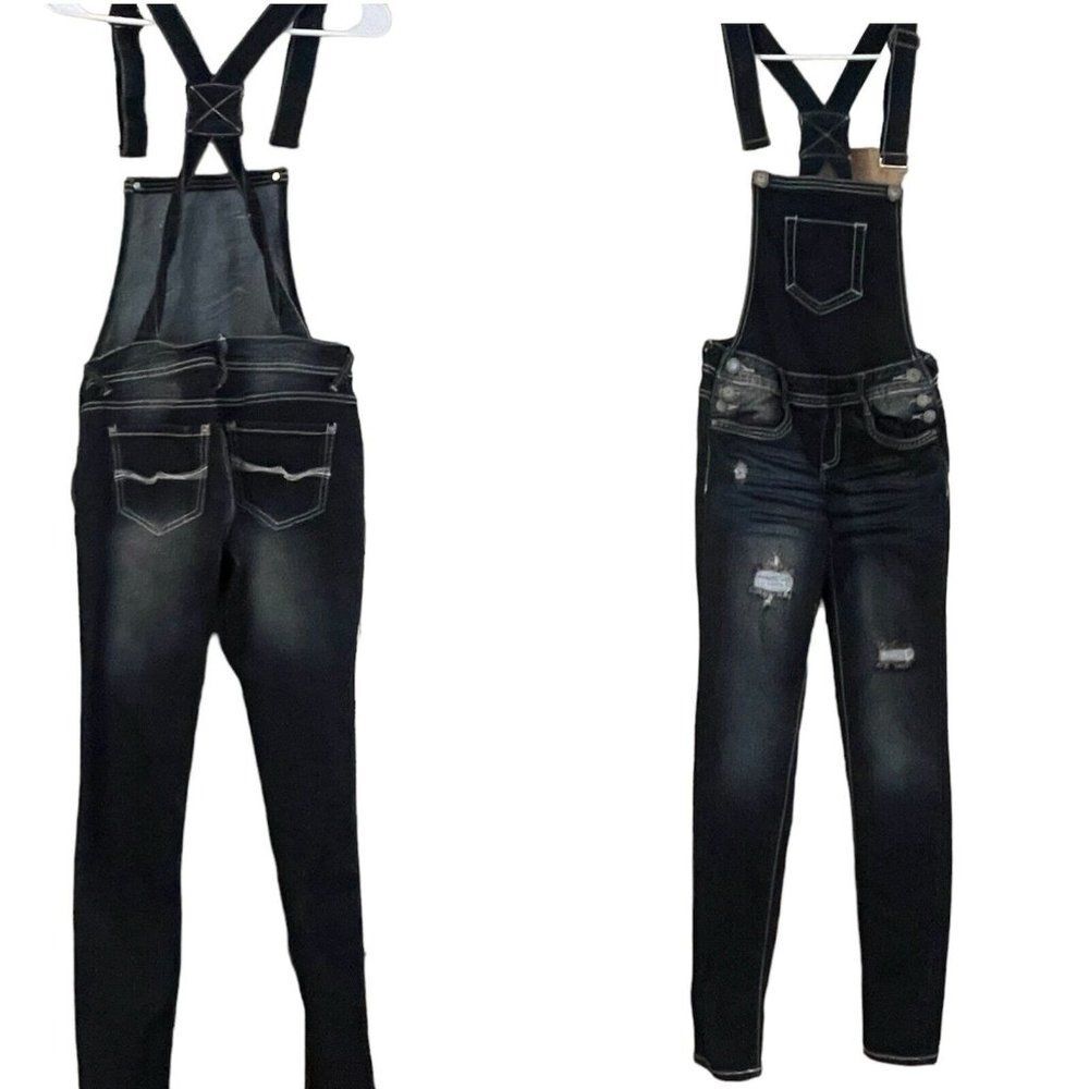 Almost Famous Woman’s Sz 3 X30” L Dark Wash Bib Overalls Jeans Distressed EUC